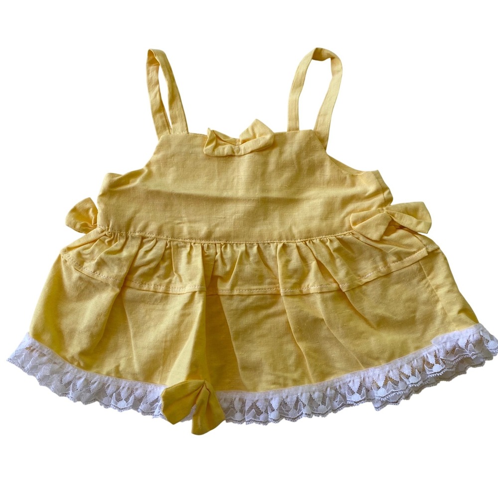 Handmade Sun Top Dress Girls 12-18M Yellow Lace Trim Tiered Bow Cottagecore